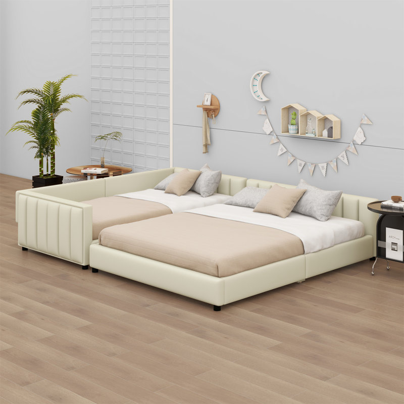 Lit plateforme tapissier, lit mère et enfant, Beige