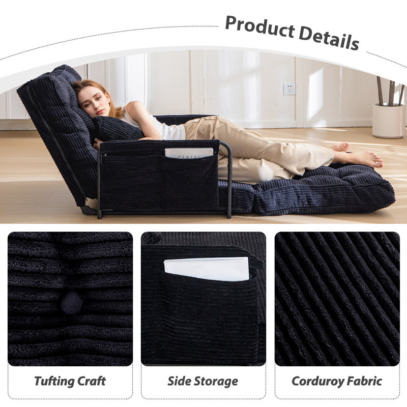 Bean Bag sofa,Floor Sofa Bed, 25.6" H x 30" W x 25.6" D, Black Corduroy