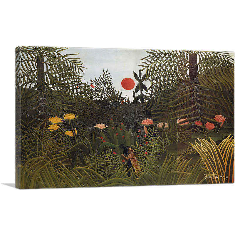 "Forêt vierge avec soleil couchant 1910" par Henri Rousseau, reproduction d'art sur toile tendue