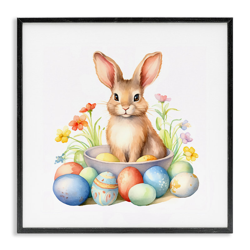 Lapin de Pâques et œufs, estampe numérique par Andrea Haase, H 12 po x l 12 po, Giclée encadrée noir minuit