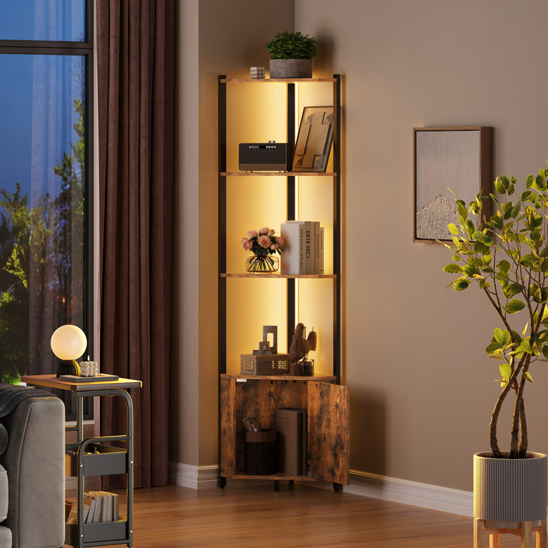 Étagère d'angle à 5 niveaux, support de rangement moderne et peu encombrant avec portes, Brun
