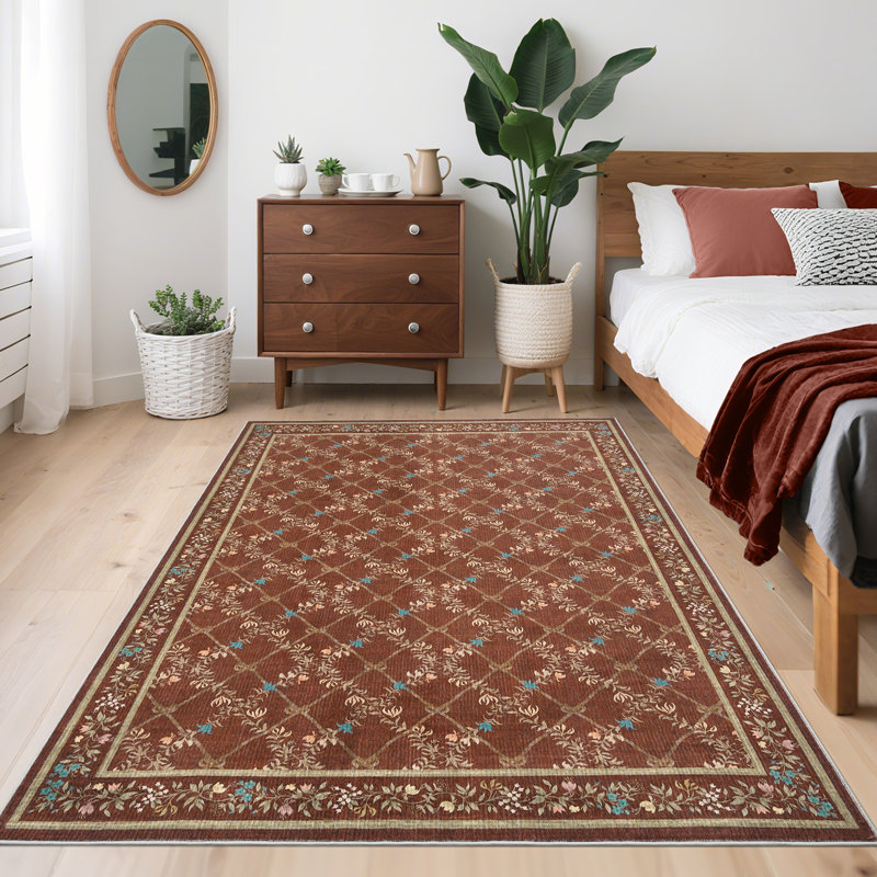 Modern Machine Washable Area Rugs Diamond Floor Mats with Non-Slip Backing, Non-Shedding Floral Print Accent Rug, Foldable Soft Low Pile Indoor Carpet
