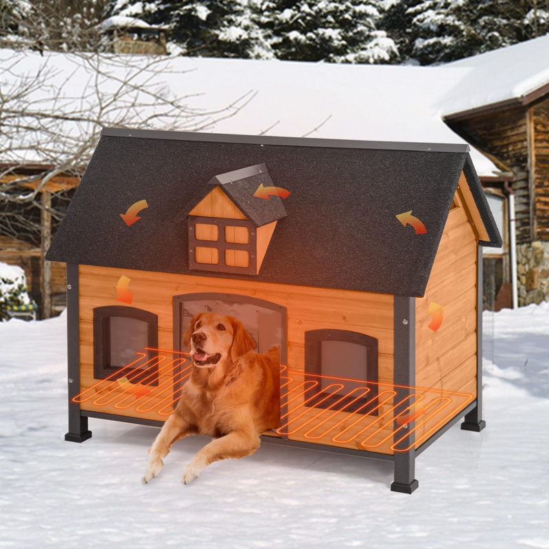 Niche chauffée extra large pour chien d'extérieur, niche isolée résistante aux intempéries avec coussin chauffant sécuritaire, doublure thermique à 6 côtés et cadre métallique anti-morsures pour chiens de races moyennes à grandes.