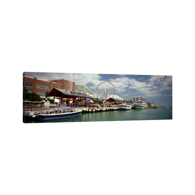 Boats Moored At A Harbor, Navy Pier, Chicago, Illinois, USA - Wrapped Canvas Panoramic Print