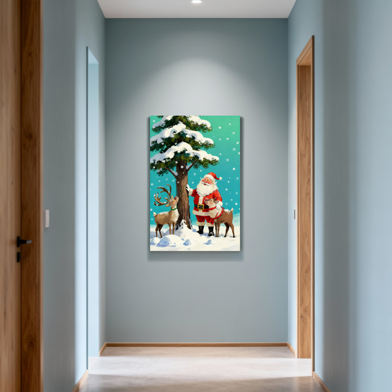 Noël père Noël avec renne et arbre enneigé, H 36 po x l 24 po