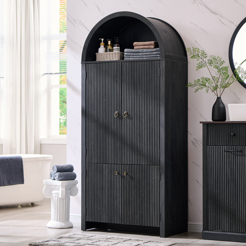 Armoire de rangement de 71 po de hauteur pour salle de bain arquée moderne, armoire de rangement cannelée avec 3 tablettes réglables, 6 tablettes de porte
