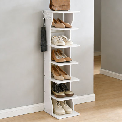 7-Tier Vertical Shoe Rack With Hooks, Slim Corner Tower Shelf For Entryway & Bedroom