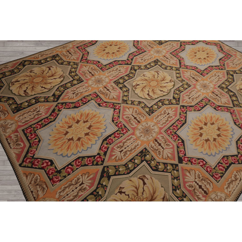 Tapis floral traditionnel en laine tissé à la main sauge 7 pi 7 po x 9 pi 8 po Aubusson