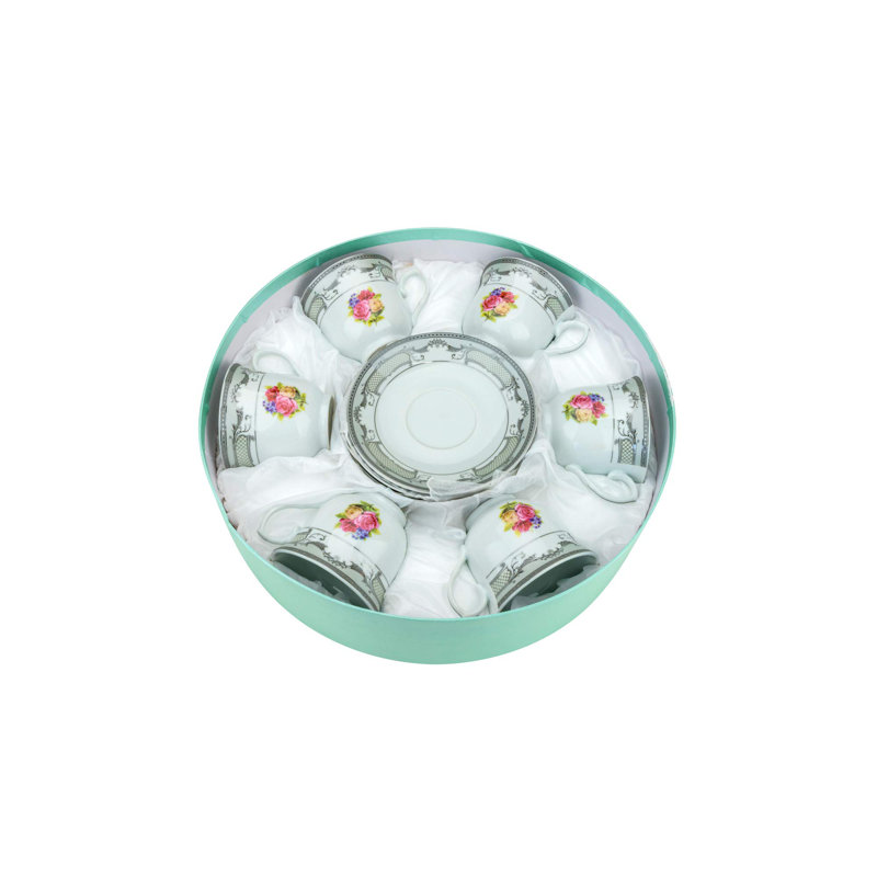 Imperial Gift G903A-12, ensemble de 6 tasses à thé et soucoupes en porcelaine à motif floral argenté 230 ml