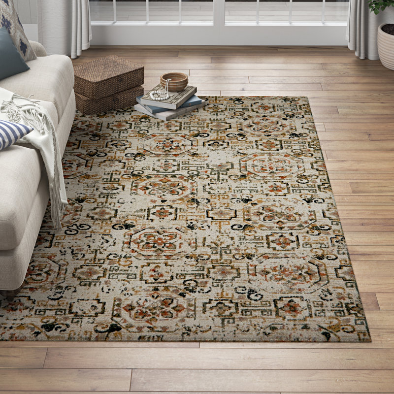 Tapis ivoire / taupe à motif géométrique Magdy, Rectangle 5 pi x 7 pi 6 po