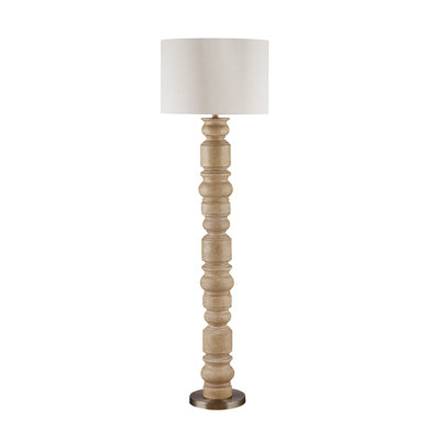 Helford Carved Wood Floor Lamp with White Drum Shade, Elegant Design