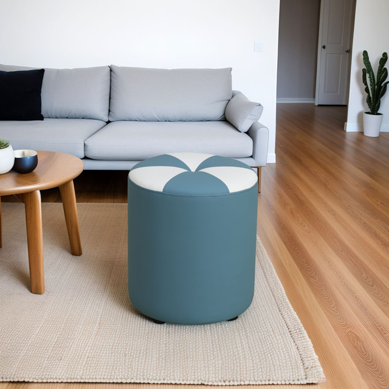 Upholstered Living Room Rounded Ottoman And Stool, Blue/White Faux Leather