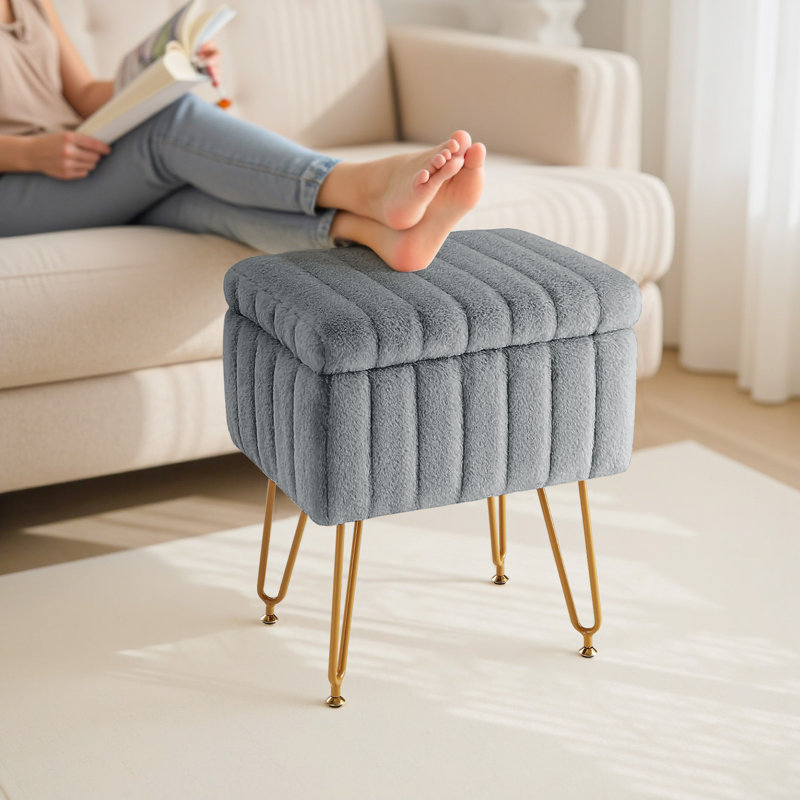 Modern Vanity Stool Chair With 4 Metal Legs And Storage, Multiuse Foot Rest For Makeup Room Bedroom, Gray