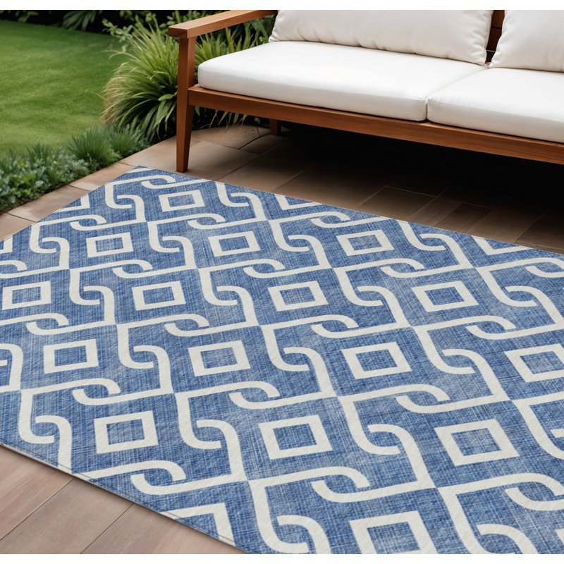 Tapis intérieur / extérieur géométrique lavable bleu et ivoire 8 pi x 10 pi
