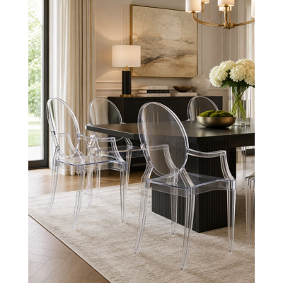 Chaise de salle à manger Bentley en plastique – Entièrement assemblée – Lot de 4 – Chaise de salle à manger moderne transparente avec dossier rond à médaillon, accoudoirs en polycarbonate et assise d'appoint contemporaine, transparente