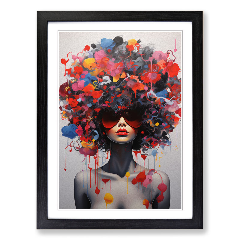 Woman With Curls Neo-Plasticism - Single Picture Frame Print on Wood, Black, 34cm H x 25cm W x 2cm D
