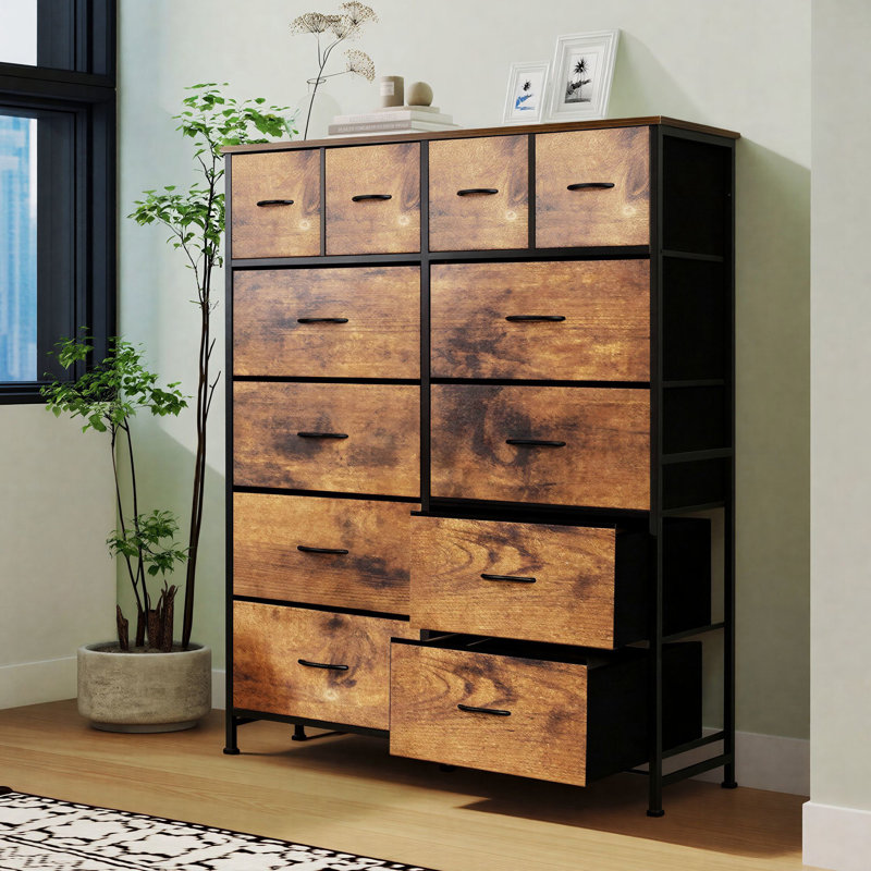39.37" W 12-Drawer Fabric Dresser with Wood Top, Storage Chest, Rust
