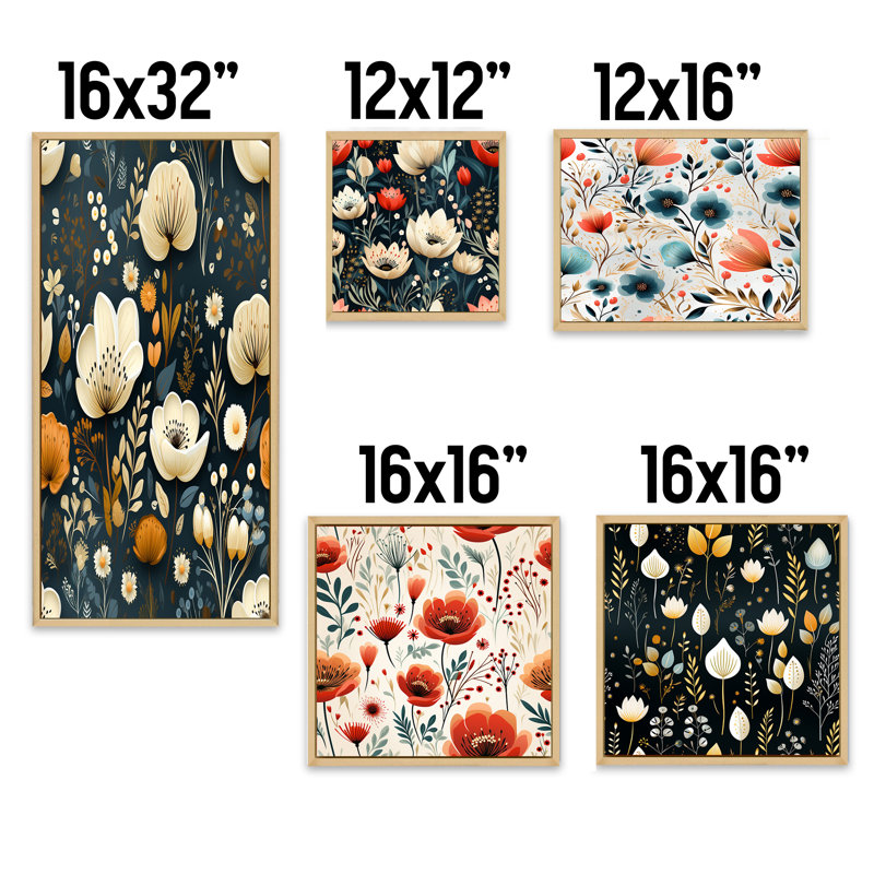 Motif floral ivoire côtier serein - ensemble de 5 impressions florales sur toile, Cadre flottant brun