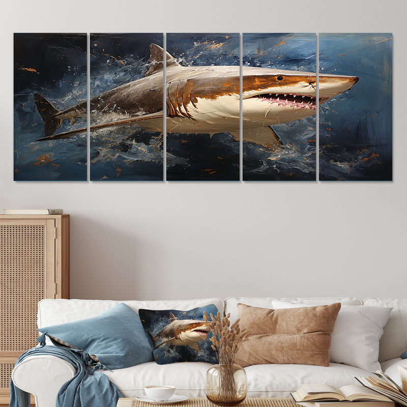 Underwater Shark Attack I - Shark, art mural sur toile 5 pièces, H 28 po x l 60 po