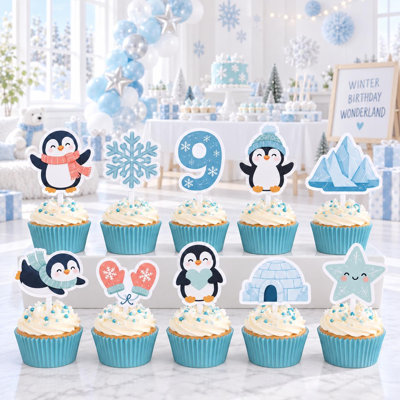 Nine Happy Penguins Cupcake Toppers, Set of 10, 1-9 years Birthday Arctic Penguin Decorations (YEARS: FOUR)