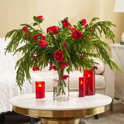 Holiday Grandeur - Red Mixed Rose, Norfolk Pine & Hanging Cluster Berry Christmas Floral Arrangement in Tall Glass Vase