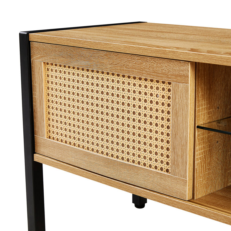 Rattan Tv Cabinet With Variable Color Light Strip, Double Sliding Doors, Tv Console, Black