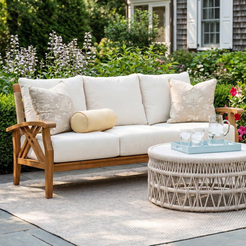 Cotesfield 77.5'' Wide Outdoor Teak Patio Sofa with Cushions, Tan Performance Basketweave