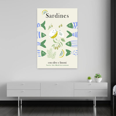 Art mural sardines, olives, citrons, poisson minimaliste