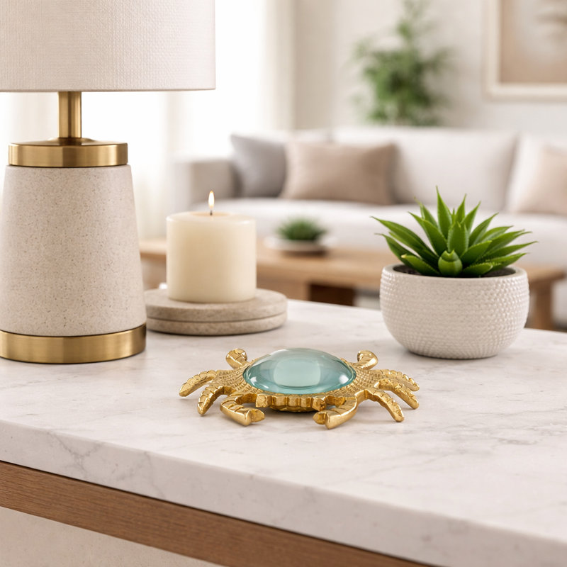Decorative Metal Crab Magnifying Glass Sculpture for Table Decor - Coastal Functional Reading Accent for Living Room or Home Decoration - Gold