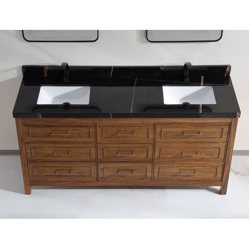 72" EBONY DOUBLE SINK VANITY DARK FINISH WITH WK-72 TOP 2" THICK TOP, Walnut, Black