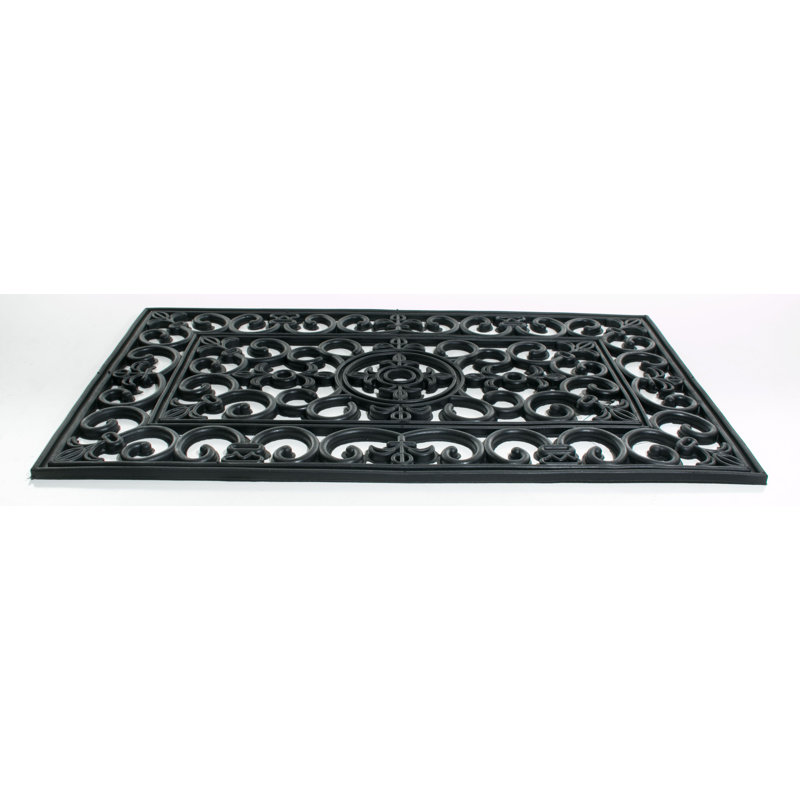 Black Scroll Design Rubber Outdoor Doormat 18" x 30"