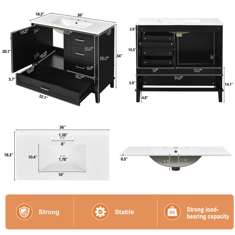 Meuble-lavabo moderne 36 "avec lavabo en céramique, Noir, noir, noir, noir