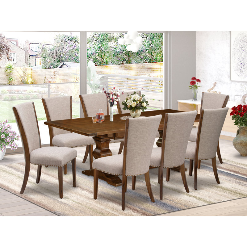 9 Piece Kitchen Table & Chairs Set Includes a Rectangle Dining Table with Removable Leaf and 8 Light Tan Linen Fabric Parson Chairs, Antique Walnut