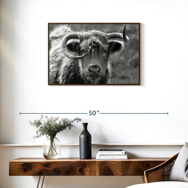 Monochrome Highland Cow, Floating Frame Walnut, 31" X 21"