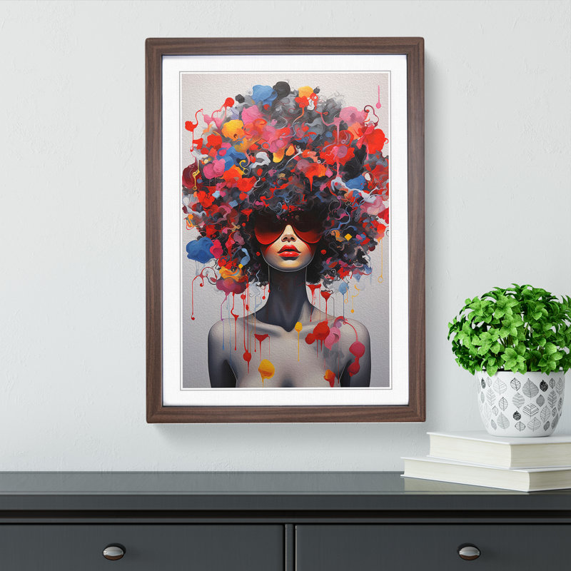 Woman With Curls Neo-Plasticism - Single Picture Frame Print on Wood, Walnut, 46cm H x 34cm W x 2cm D