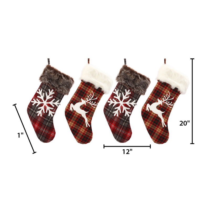 Set of 4 Christmas Holiday Stockings Faux Fur Buffalo Plaid