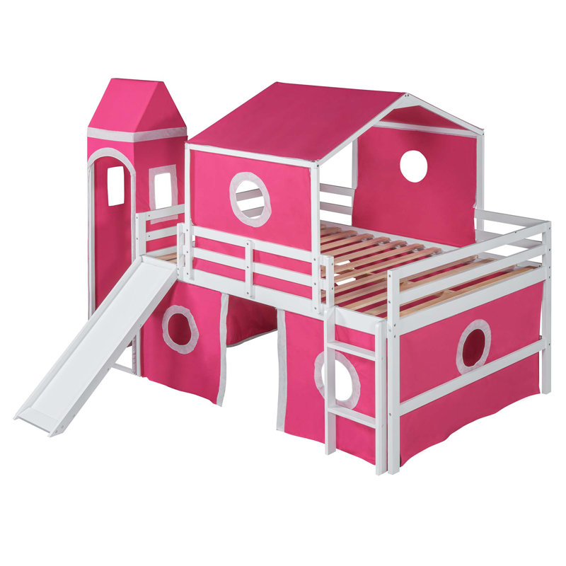 Lit mezzanine double avec tente et tour rose Slide