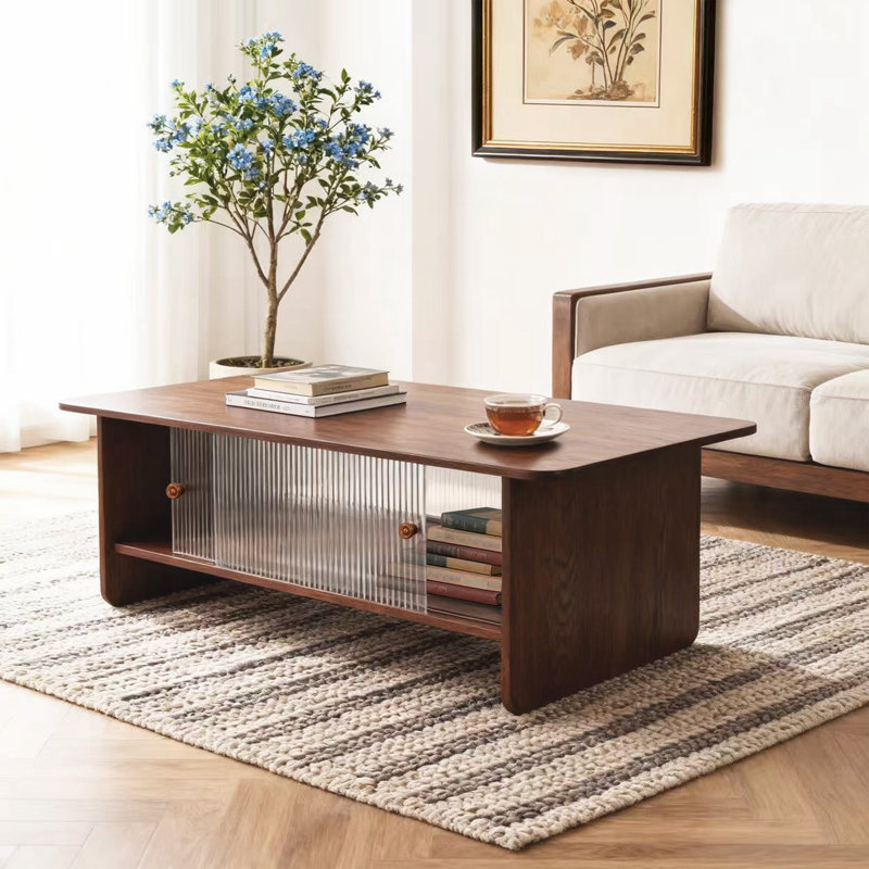 Table basse rectangulaire moderne minimaliste de 47 pouces avec armoire de rangement avec portes coulissantes en verre, Brun