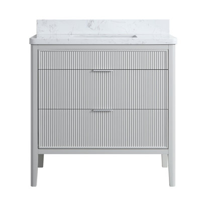 Meuble-lavabo de 36 po, entièrement assemblé, gris, autoportant, lavabo simple, plateau en marbre, armoires en bois d'hévéa massif, charnières à fermeture en douceur, comptoir de construction commun, cadre, système de tiroir, jointé