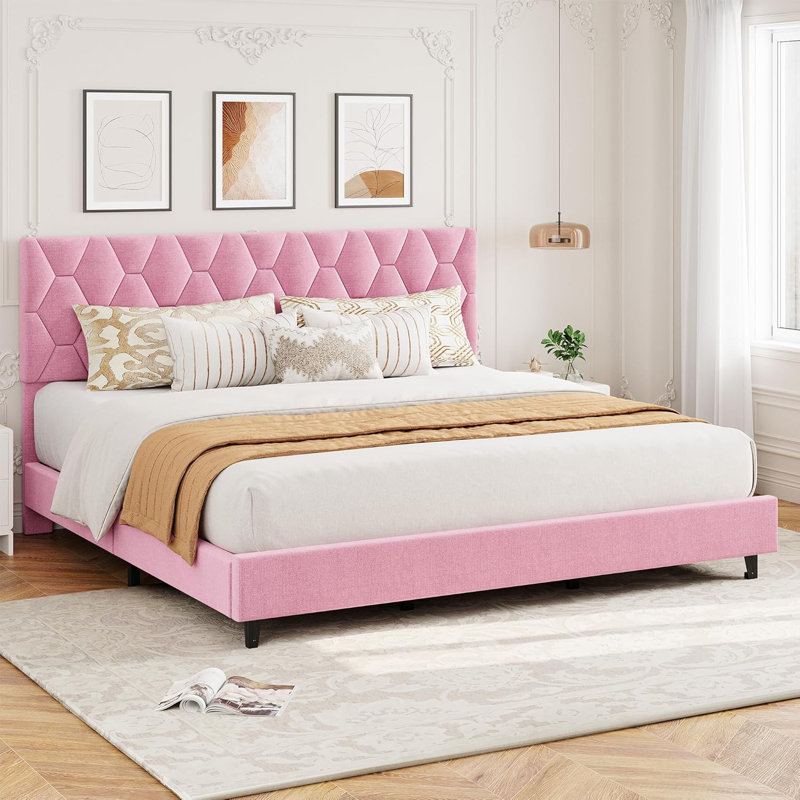 Pink King Bed Frame with Upholstered Headboard Heavy-Duty Platform Bed Frame with Strong Wood Slats No Box Spring Needed/Noise Free/Easy Assembly