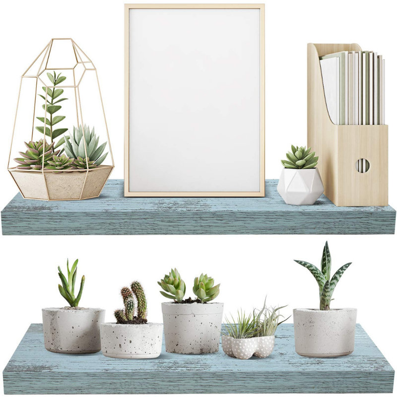 Rustic Coastal Blue Distressed Wood Floating Wall Shelf Set