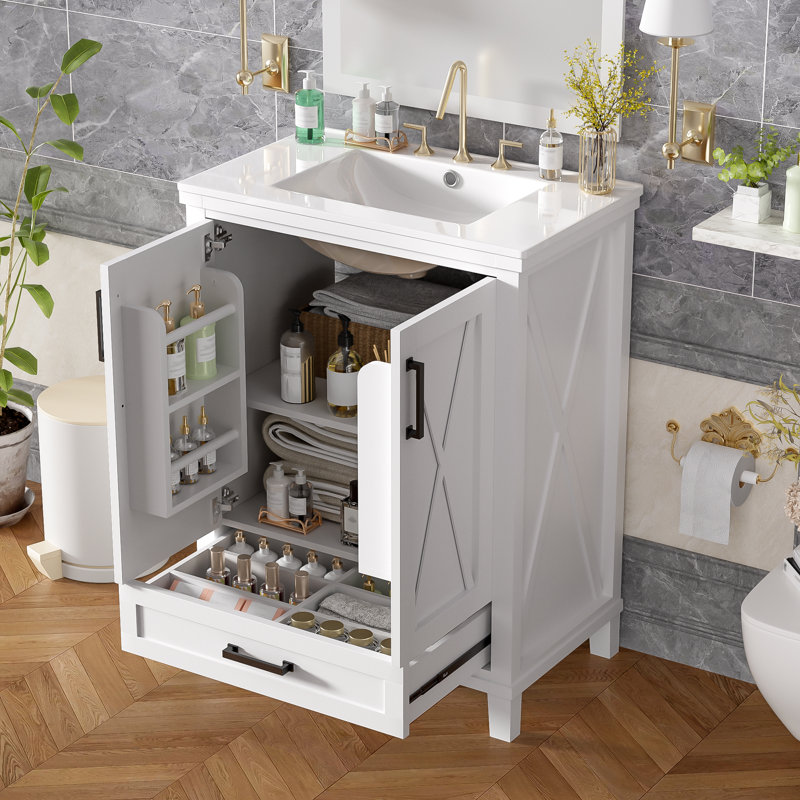 24" Single Bathroom Vanity With Ceramic Top, White, Black