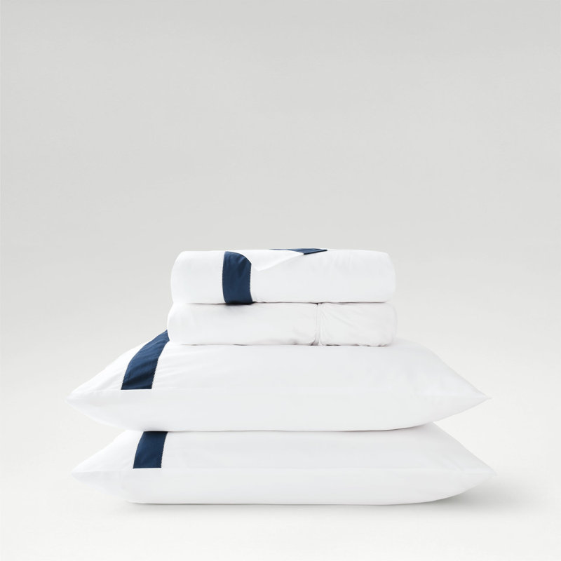 Balmoral Sheet Set, White/Navy Blue, Queen Sheet Set
