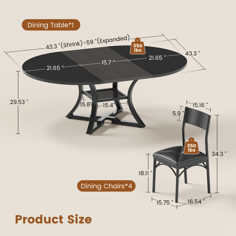 Round Extendable Dining Table Set For 4-6 People, Black