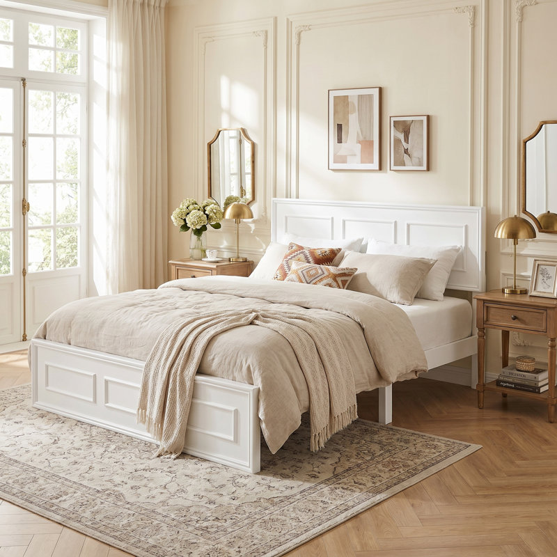 Grand lit plateforme avec tête de lit à hauteur réglable, structure en bois de pin massif avec conception à panneaux géométriques, rangement sous le lit de 9,1 po, 10 lattes de bois, aucun sommier requis