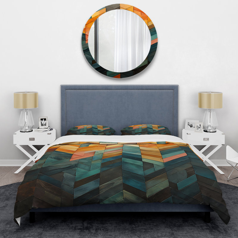 Ensemble de housse de couette à motif abstrait à chevrons vert et jaune, Housse de couette pour très grand lit et 2 très 