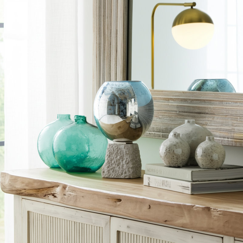 Modern Glas Bowl Candle Holder with Marble Base - Decorative Pillar Candlestick Holder for Dining Tabletop or Home Decor - Blue & White