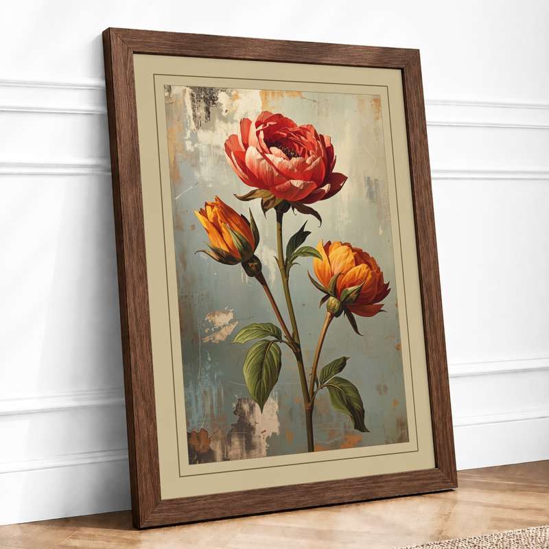 Three Roses In Bloom Botanical - Print, Walnut, A4 - 29.7 x 21.0 cm