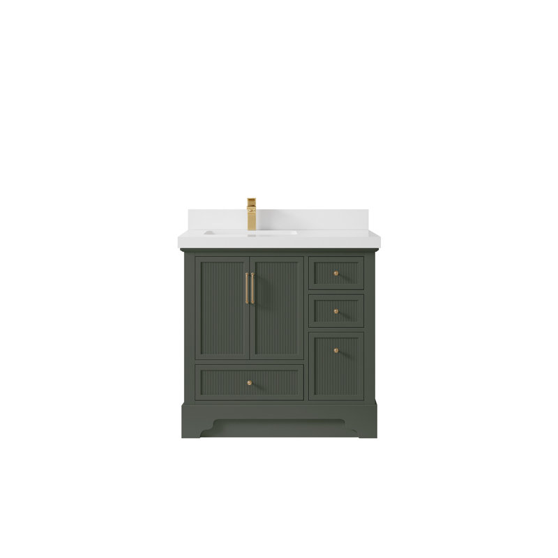 Meuble-lavabo simple 36 po avec plateau en quartz Alys, Blanc