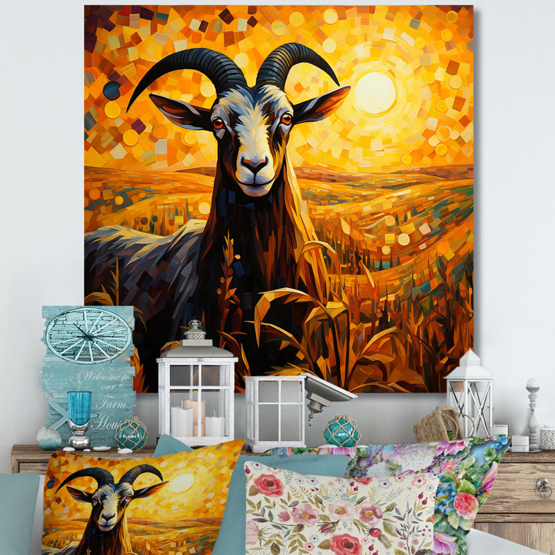 Coucher de soleil jaune, prairie, chèvre, art mural, Cadre photo argenté, H 36 po x l 36 po